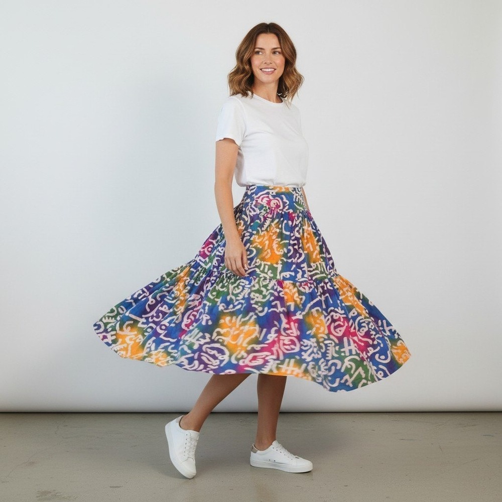 Scarlet Lane Midi Skirt L Multicolor Rainbow Batik Tiered Smocked Made in USA